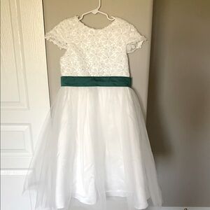 White Lace Kids Dress with Green Sash